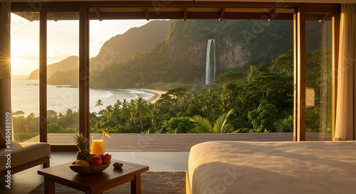 Fototapeta Naklejka Na Ścianę i Meble -  Morning light inside highland villa bedroom, table with juice and fruit, open view of jungle, white sand beach