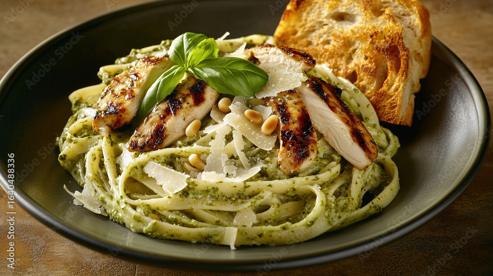 Fototapeta premium Delicious grilled chicken pesto fettuccine pasta with fresh basil, parmesan cheese, pine nuts, and garlic bread on a plate