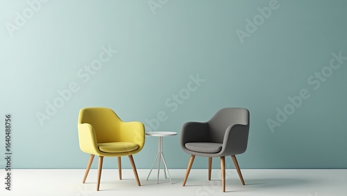 Two modern armchairs and a small table in a minimalist room.