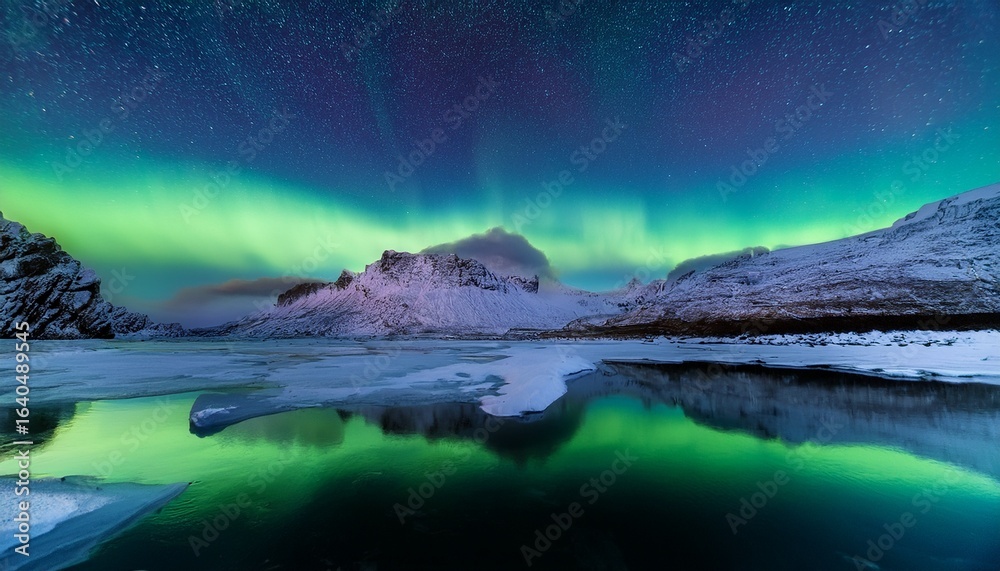Naklejka premium lights over icy landscape with calm water reflection__