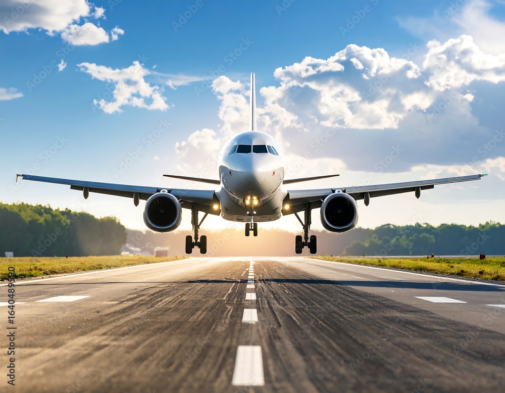 Obraz premium Airplane landing on runway, low angle