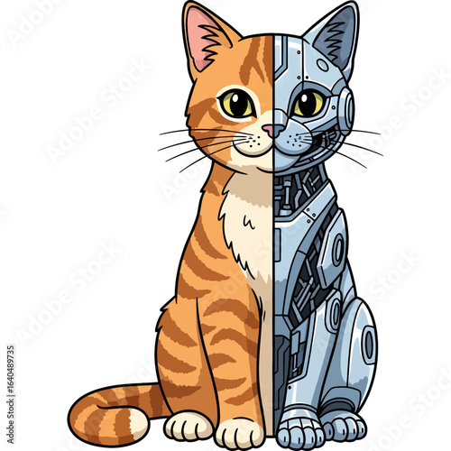 Cartoon illustration of a half cat and half robot cyborg animal. A ginger tabby is split with a mechanical bionic side, showing the fusion of nature and technology.