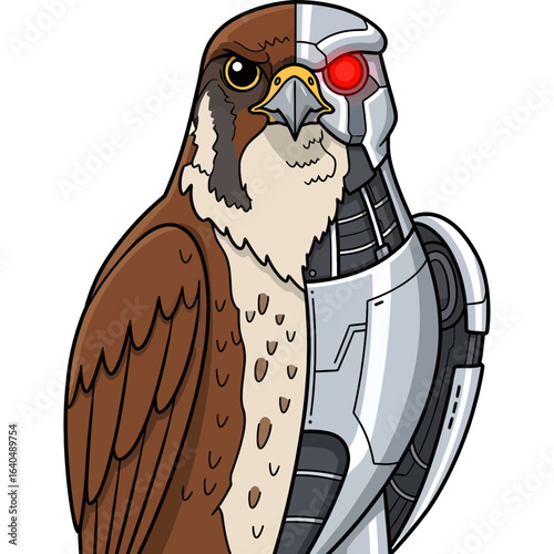 Cyborg falcon mascot illustration with a bionic eye. A futuristic robotic bird of prey character.