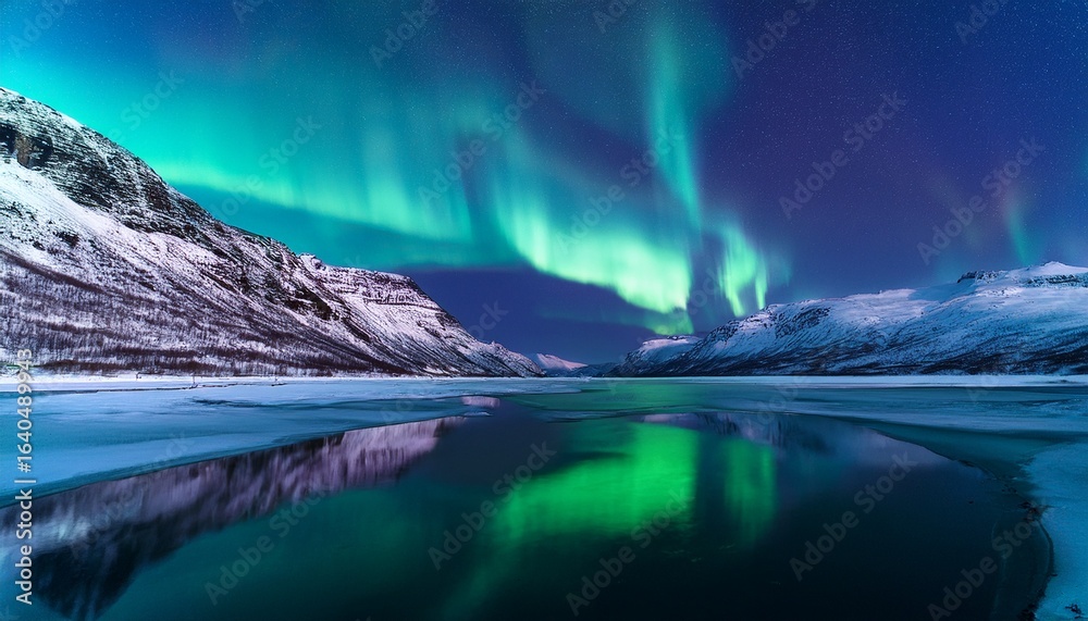 Naklejka premium lights over icy landscape with calm water reflection__ 