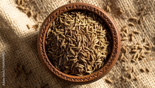 An overhead view of whole cumin seeds in a rustic brown clay bowl, placed on a textured burlap cloth with scattered seeds.