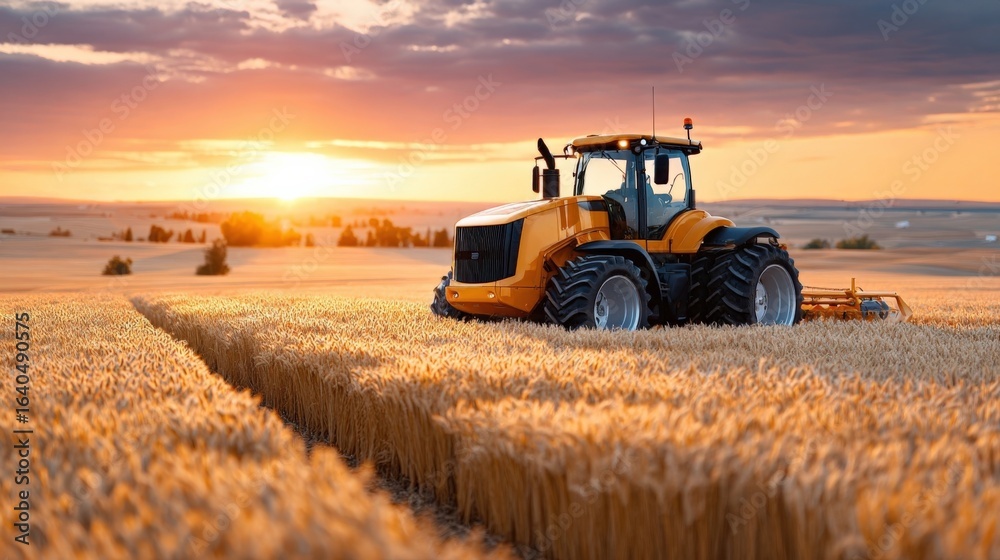 Fototapeta premium A golden sunset casts a warm glow over a field of wheat,with a yellow tractor ready for harvest.