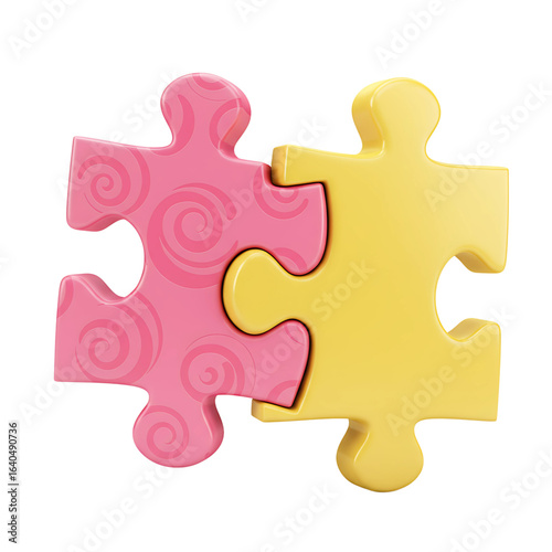 Two interlocking puzzle pieces one pink with swirls and one yellow isolated on transparent background