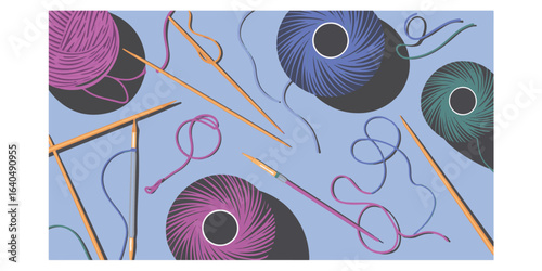 Illustration of yarn balls and knitting needles on a light blue background with shadows cast
