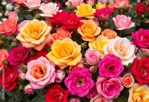 A vibrant mix of rose blooms in various colors and stages of bloom,  petals,  botany
