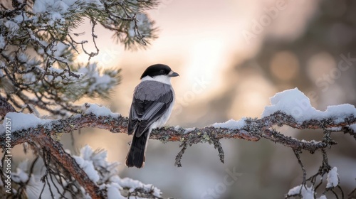 Gray-backed shrike perched on a snowy branch at dawn.