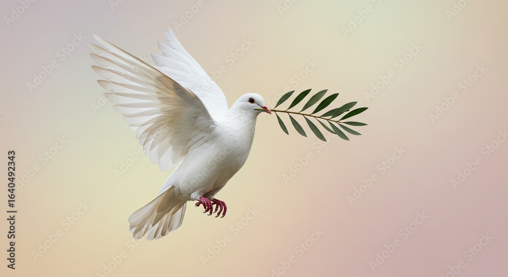 Fototapeta premium White Dove Flying Holding Olive Branch Symbol of Peace and Harmony