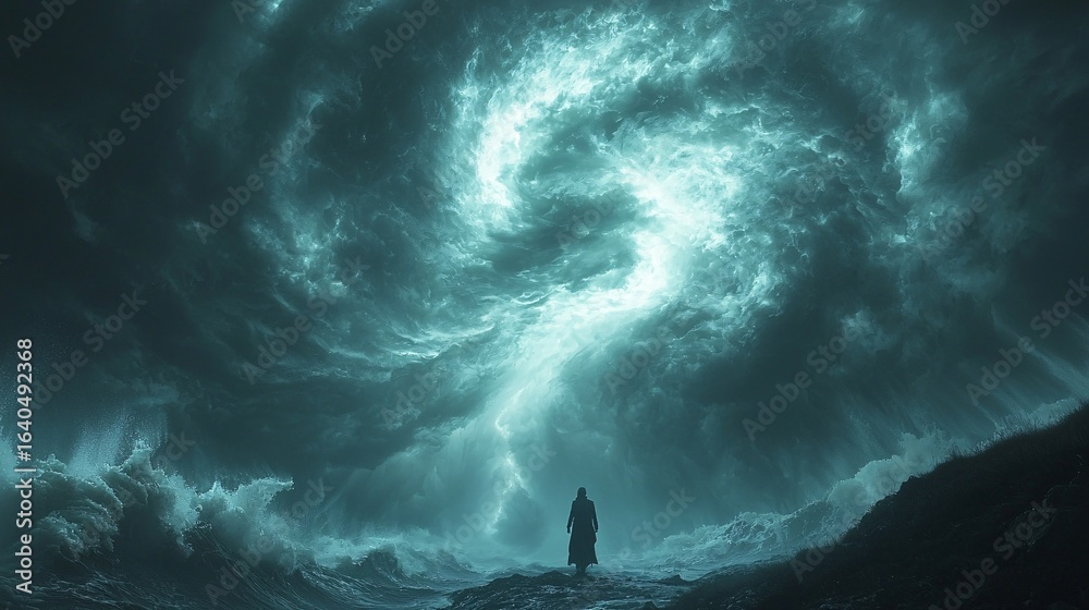 Fototapeta premium Dark Stormy Sky with Powerful Waves and Mysterious Silhouette