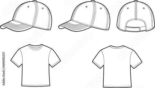 Baseball cap and T-shirt vector flat sketch, front side back views, unisex casual clothing template, fashion apparel design, blank mockup set