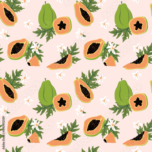 Hand-drawn vintage seamless pattern with papayas, flowers, and leaves. Tropical fruits. Fashionable hand-drawn vector background for paper, covers, fabric
