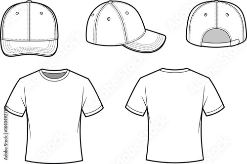 Baseball cap and T-shirt flat sketch, front back side views, unisex casual apparel design template, fashion clothing illustration, blank mockup set