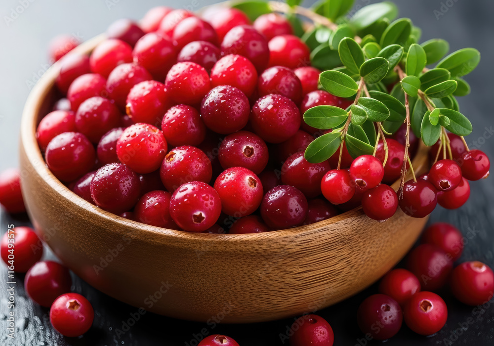 Fresh red lingonberries in a wooden bowl with green leaves Fresh red lingonberries in a wooden bowl with green leaves