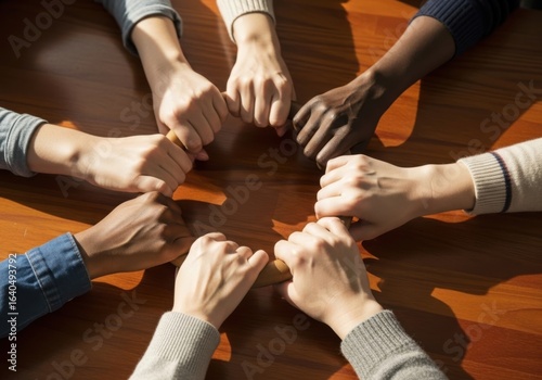 Diverse hands unite in a circle symbolizing teamwork and collaboration