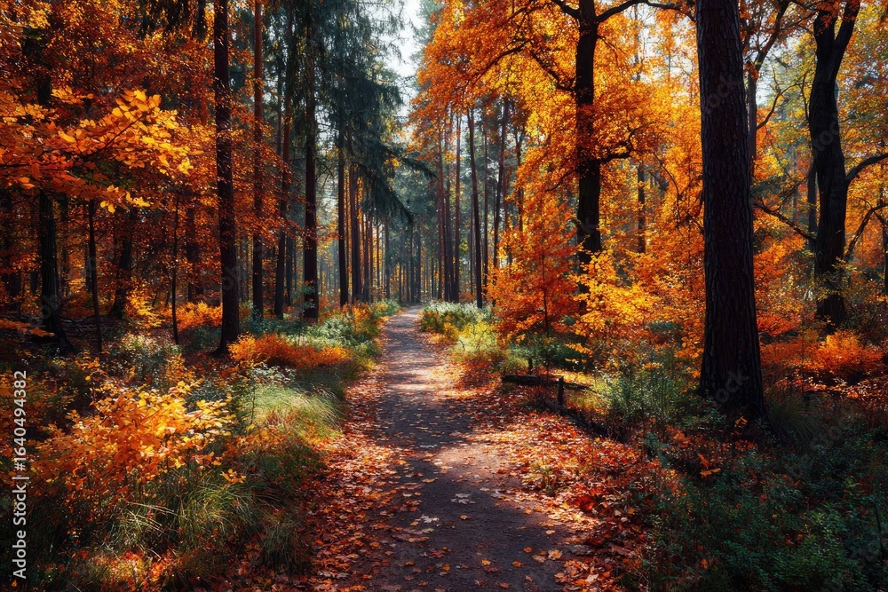 Obraz premium Autumnal forest path bathed in sunlight