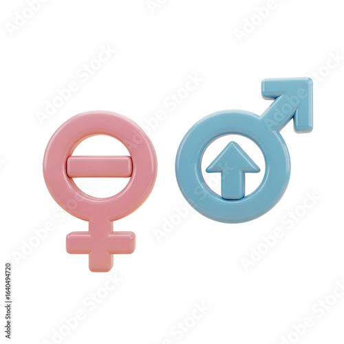 Pink female gender symbol and blue male gender symbol with upward arrow isolated on transparent background