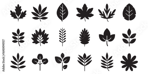 Collection of various black leaf silhouettes arranged in a grid on a white background