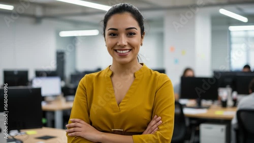 A confident and smiling indian woman in a yellow blouse stands with her arms crossed in a modern office environment, looking directly at the camera