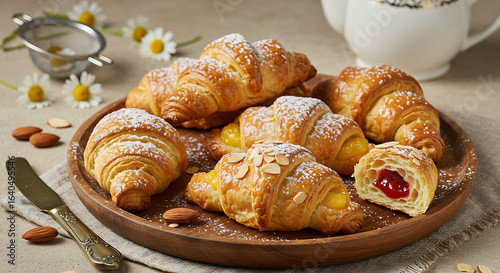 Freshly baked croissants filled with custard and jam served on a rustic wooden tray