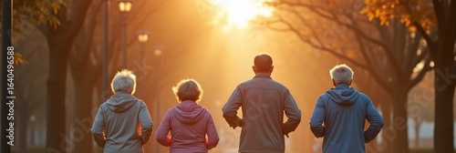 Morning run in a peaceful park with friends, illuminated by glowing sunlight filtering through colorful foliage. Banner with senior people jogging together outdoor. Active lifestyle.