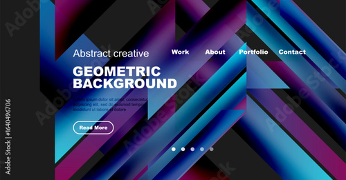Abstract geometric background design. Website header features vibrant colors, text, navigation options, button. Modern style.