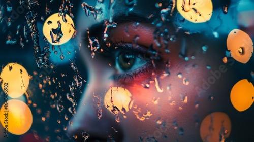 Close up of a woman's eye through a rainy window with blurry city lights in the background.