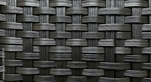 Close-up of a dark woven synthetic rattan texture. Abstract background of a basket weave.