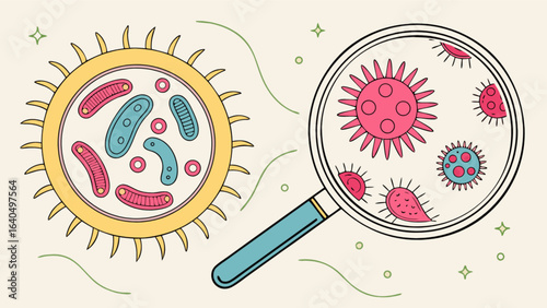 Illustration of virus and bacteria cells under a microscope for medical and science education use