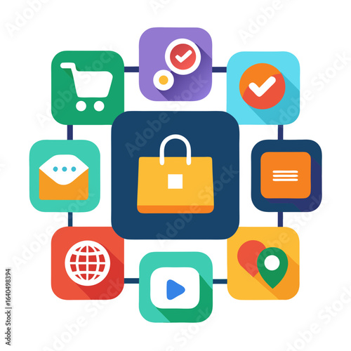 Connected app icons representing e commerce and digital services