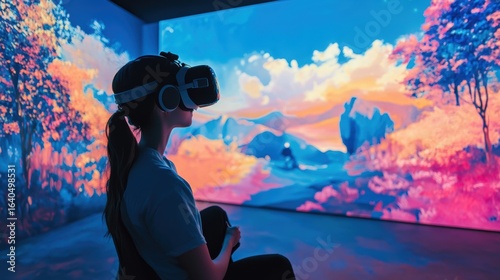 A person experiencing a vibrant virtual reality landscape, immersed in a digital world filled with colorful scenery and imaginative elements.