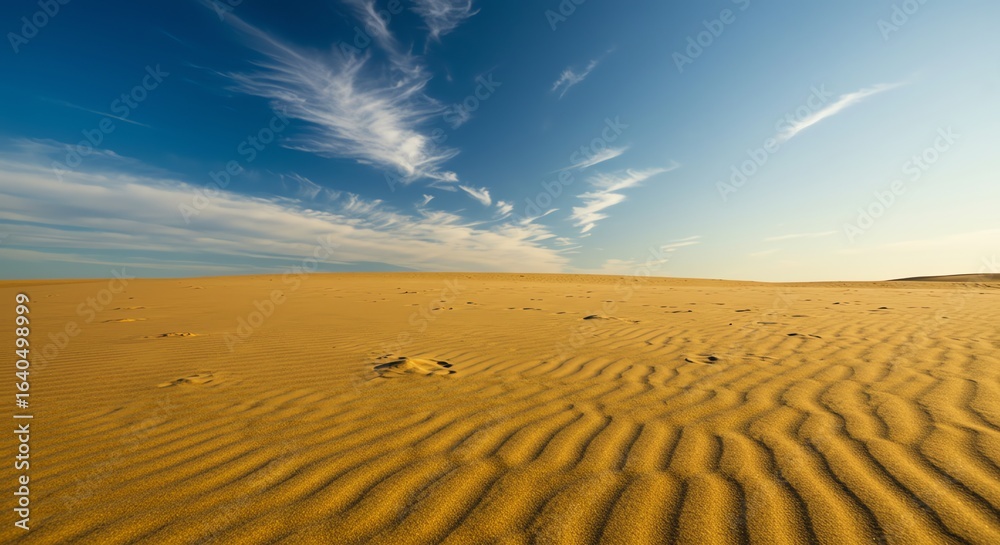 Naklejka premium Expansive Desert Landscape with Golden Sand Dunes and Blue Sky with Wispy Clouds