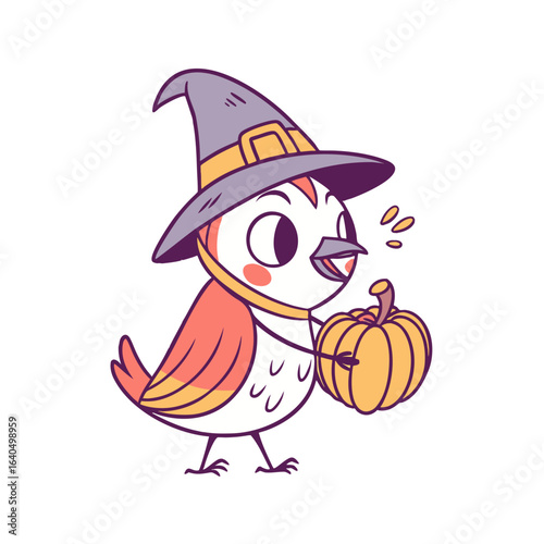 Cartoon bird wearing a witch hat and holding a pumpkin, isolated on white background, celebrating Halloween.