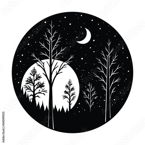 Night Sky Silhouette Trees Moon Stars Nature Art Print on White Background