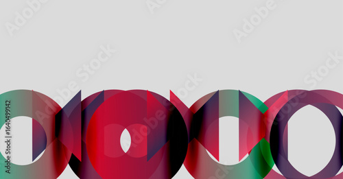 Abstract circles overlap, creating vibrant color blends. Composition features red, teal, purple hues against white backdrop. Minimalist design.