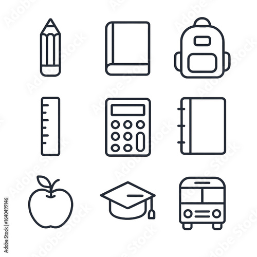 School Supplies Icon Set: Back to School Minimalist Line Art