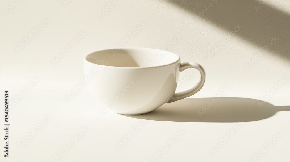 Fototapeta premium A minimalistic white cup casts a subtle shadow on a smooth surface, highlighting its elegant design and simplicity.