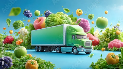 A vibrant image showcasing a green truck surrounded by a variety of fresh fruits and vegetables against a bright blue sky,symbolizing the delivery of healthy food.
