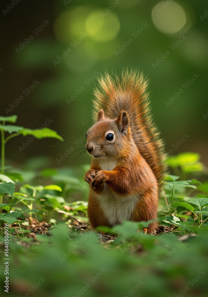 Fototapeta premium Cute Squirrel Standing on Green Leaves in Forest Scene with Soft Lighting