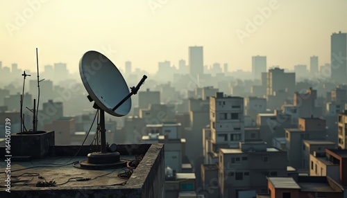 Satellite Dish on Rooftop with City View