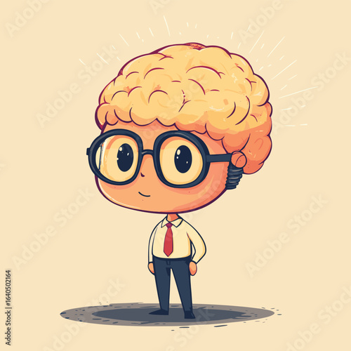 Cartoon big Brain Man with Light bulb over his head, vector style simple color