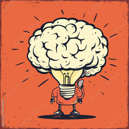 Cartoon big Brain Man with Light bulb over his head, vector style simple color