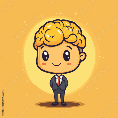 Cartoon big Brain Man with Light bulb over his head, vector style simple color