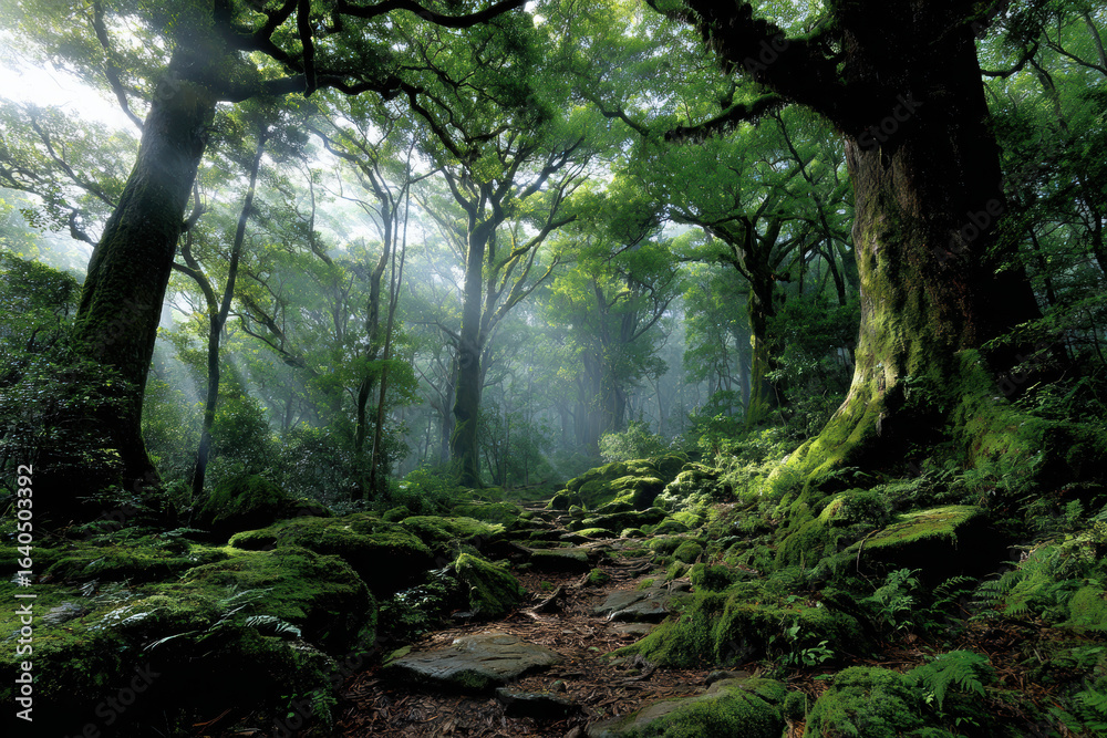 Fototapeta premium Mystical forest with sunlight piercing through ancient trees