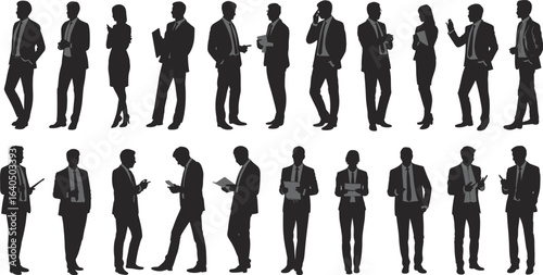 Group of business people silhouettes standing and interacting, holding devices, talking, professional attire, teamwork, communication, office environment, collaboration, diversity, networking, 