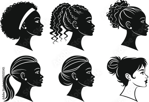 Minimalist Female Head Silhouettes - Diverse Vector Profile Set with Stylish Hairstyles