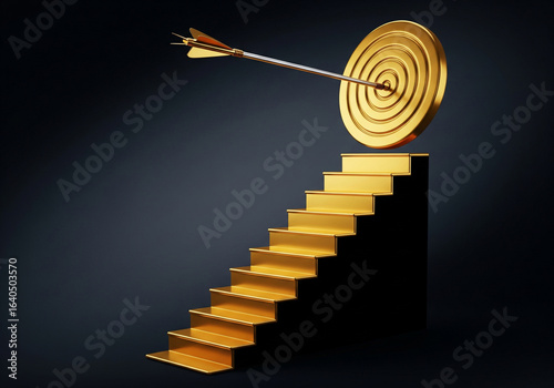 Achieving goals concept golden stairs arrow hitting target business success and career path illustration