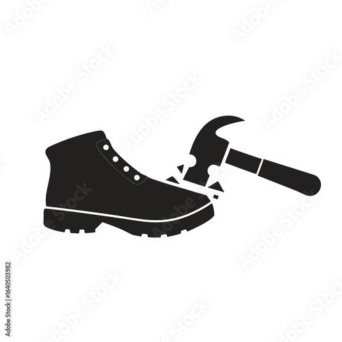 Isolated illustration of black pictogram safety shoes, a working foot protection icon hit by hammer sign
